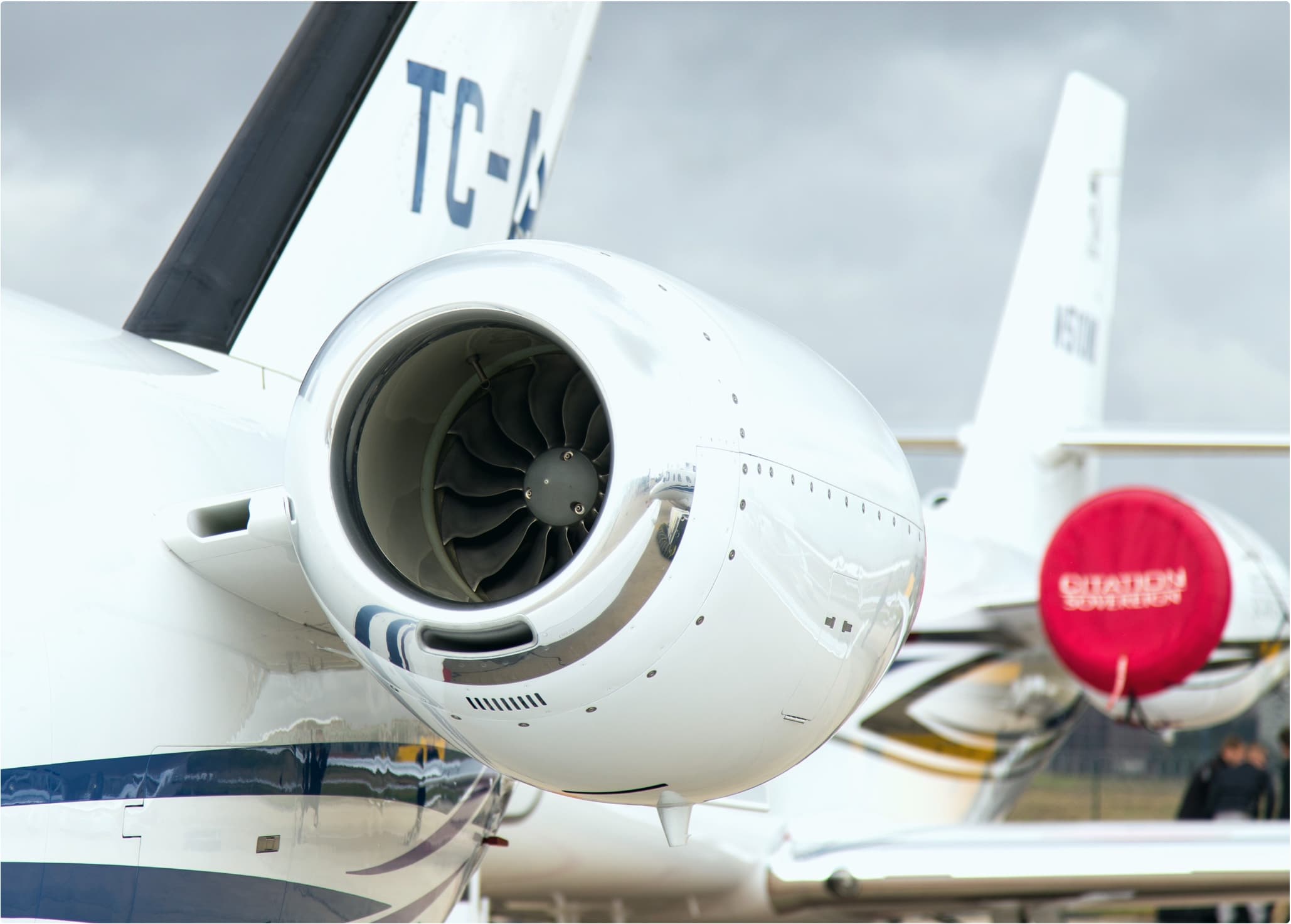 Business jet aircraft engine in a hangar